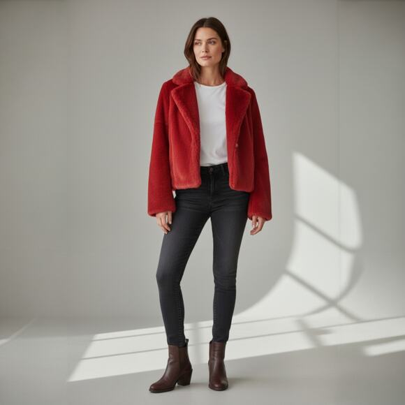 Allegra K Cropped Notch Lapel Faux Fur Fluffy Jacket Red - New With Tags - Picture 1 of 2